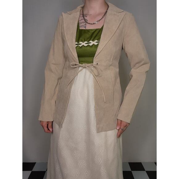 Vtg 90s Y2k Tan Suede Leather Tie Front Hippie Boho Bratz Collared Jacket Sz Sm - Picture 2 of 9